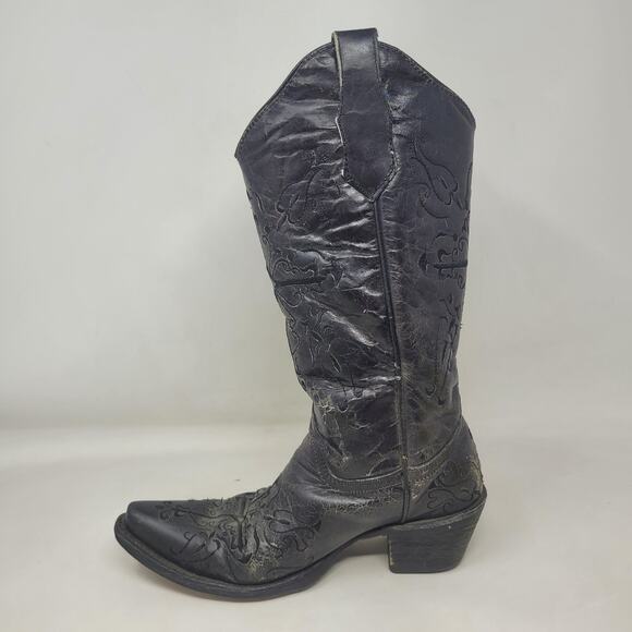 Circle G Boots Women 7.5W Black Embroidered Cross Western Snip Toe Cowgirl Rodeo - Picture 10 of 14